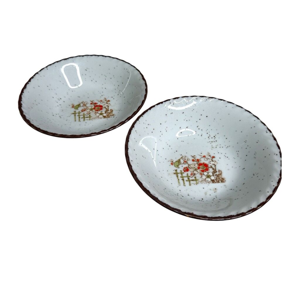 Vintage Japan Stoneware Bowls Speckled Brown Rim Floral Bird Set of 2